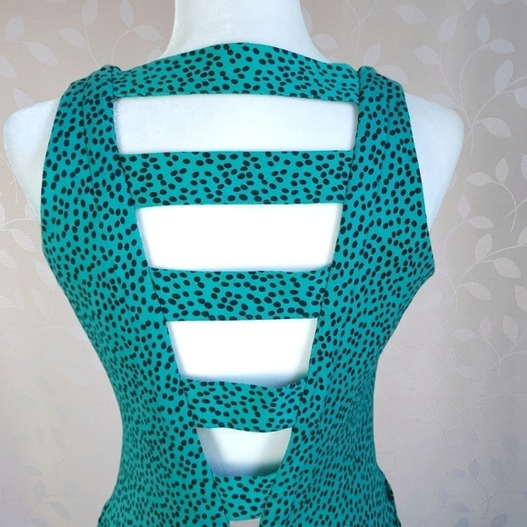 Vintage 90s South Beach Teal Black Polka Dot Cutout Back Button Front Mini Dress - Picture 10 of 15